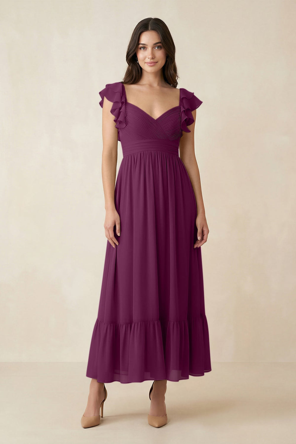 Flutter Sleeve Sweetheart A - Line Chiffon Bridesmaid Dress in Fig - KISS BRIDAL Bridesmaid Dresses