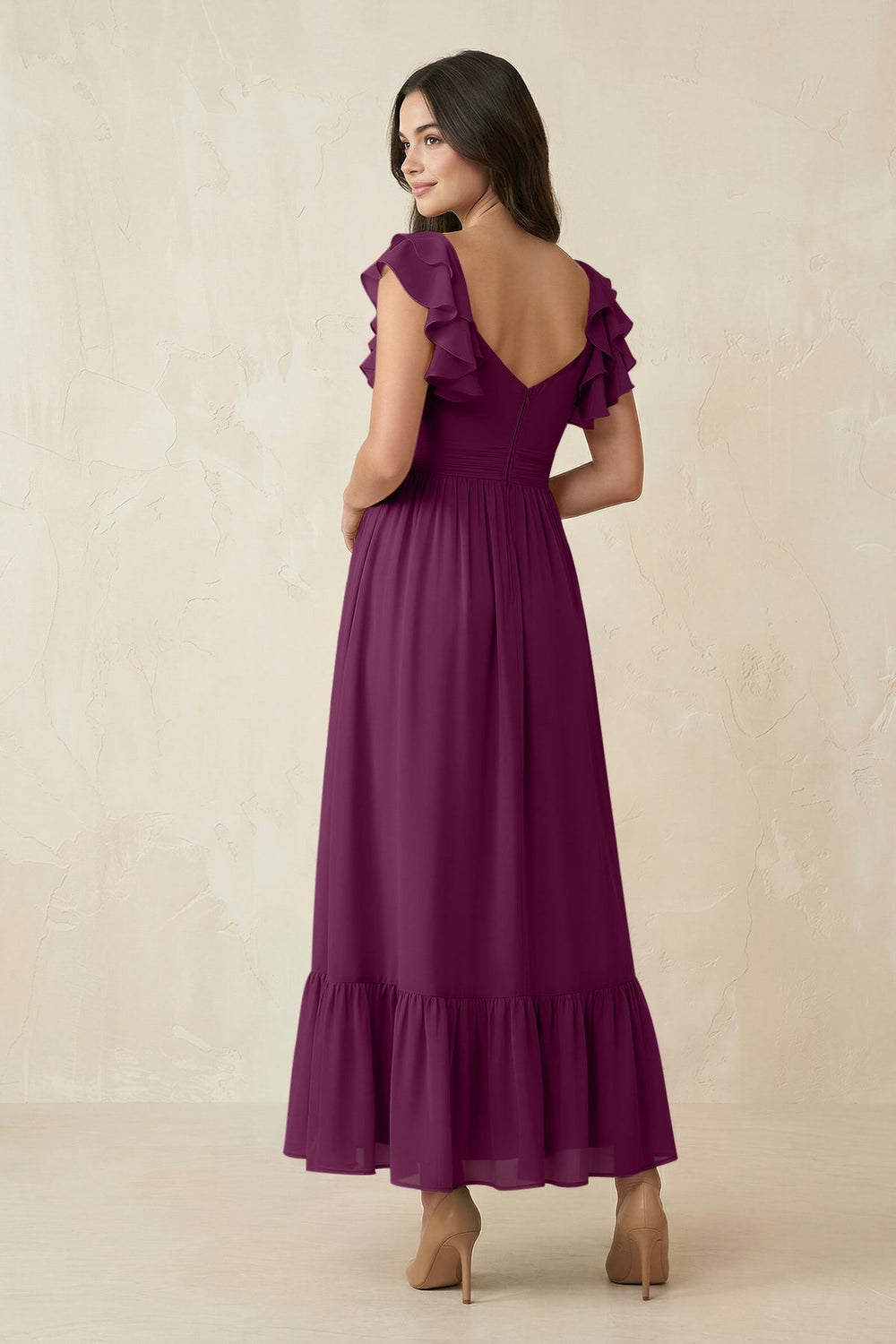 Flutter Sleeve Sweetheart A - Line Chiffon Bridesmaid Dress in Fig - KISS BRIDAL Bridesmaid Dresses