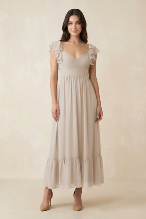 Flutter Sleeve Sweetheart A - Line Chiffon Bridesmaid Dress in Frost - SHE IS ME Bridesmaid Dresses
