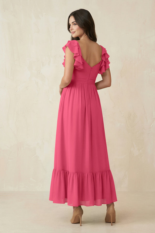 Flutter Sleeve Sweetheart A - Line Chiffon Bridesmaid Dress in Fuchsia - SHE IS ME Bridesmaid Dresses