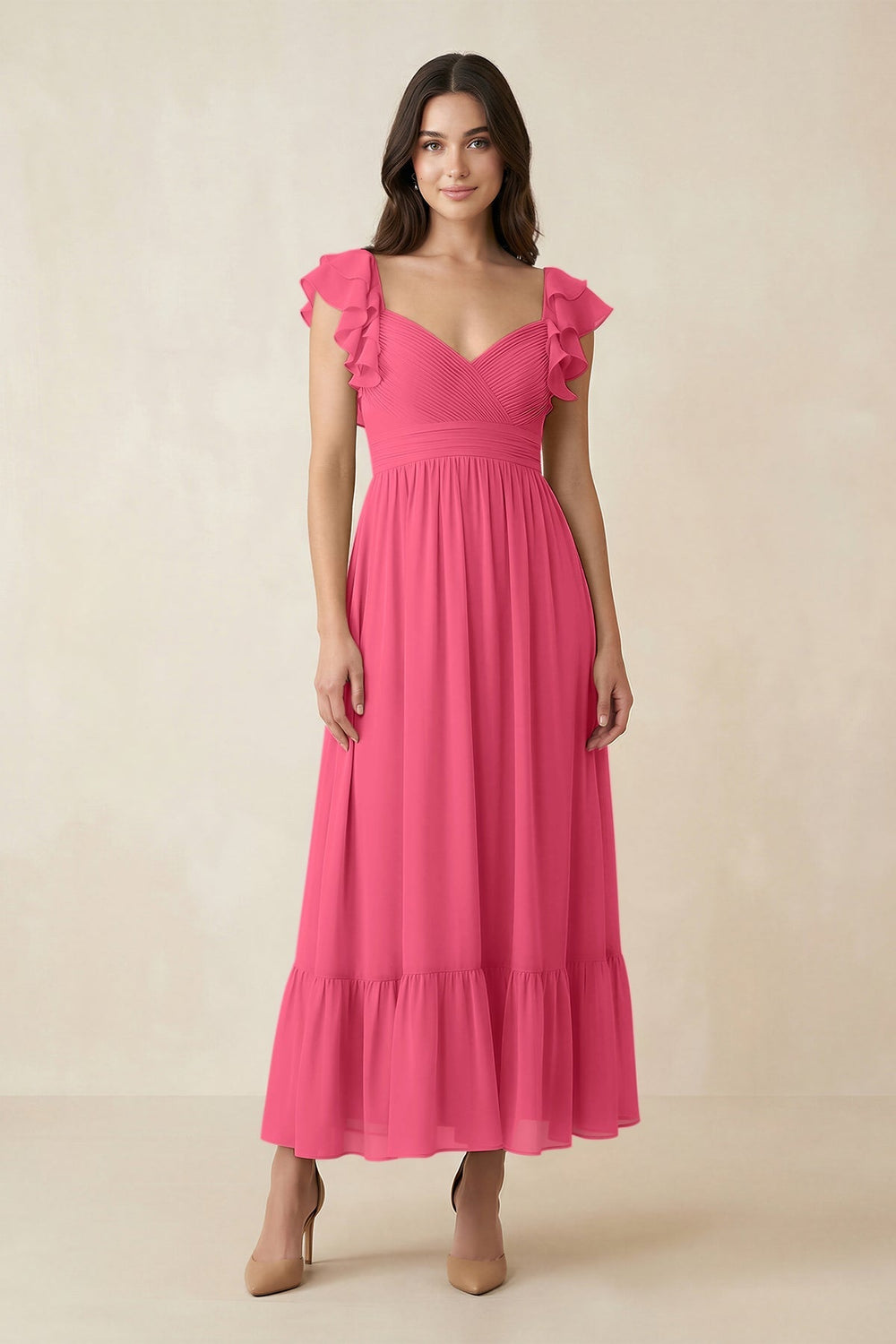 Flutter Sleeve Sweetheart A - Line Chiffon Bridesmaid Dress in Fuchsia - KISS BRIDAL Bridesmaid Dresses