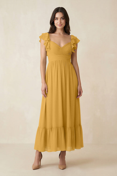 Flutter Sleeve Sweetheart A - Line Chiffon Bridesmaid Dress in Marigold - SHE IS ME Bridesmaid Dresses