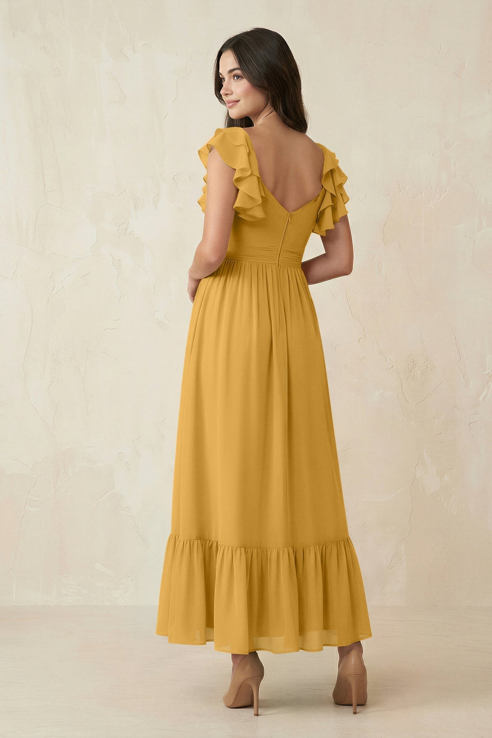 Flutter Sleeve Sweetheart A - Line Chiffon Bridesmaid Dress in Marigold - KISS BRIDAL Bridesmaid Dresses