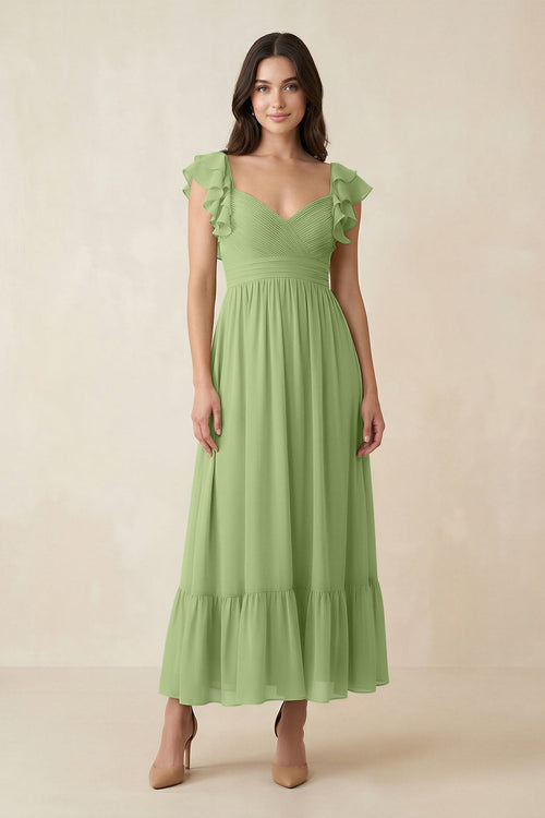 Flutter Sleeve Sweetheart A - Line Chiffon Bridesmaid Dress in Matcha - SHE IS ME Bridesmaid Dresses