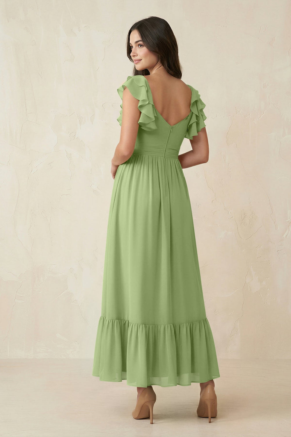 Flutter Sleeve Sweetheart A - Line Chiffon Bridesmaid Dress in Matcha - KISS BRIDAL Bridesmaid Dresses
