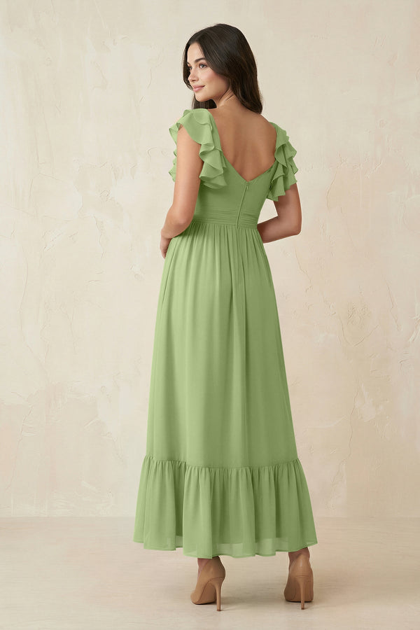 Flutter Sleeve Sweetheart A - Line Chiffon Bridesmaid Dress in Matcha - SHE IS ME Bridesmaid Dresses