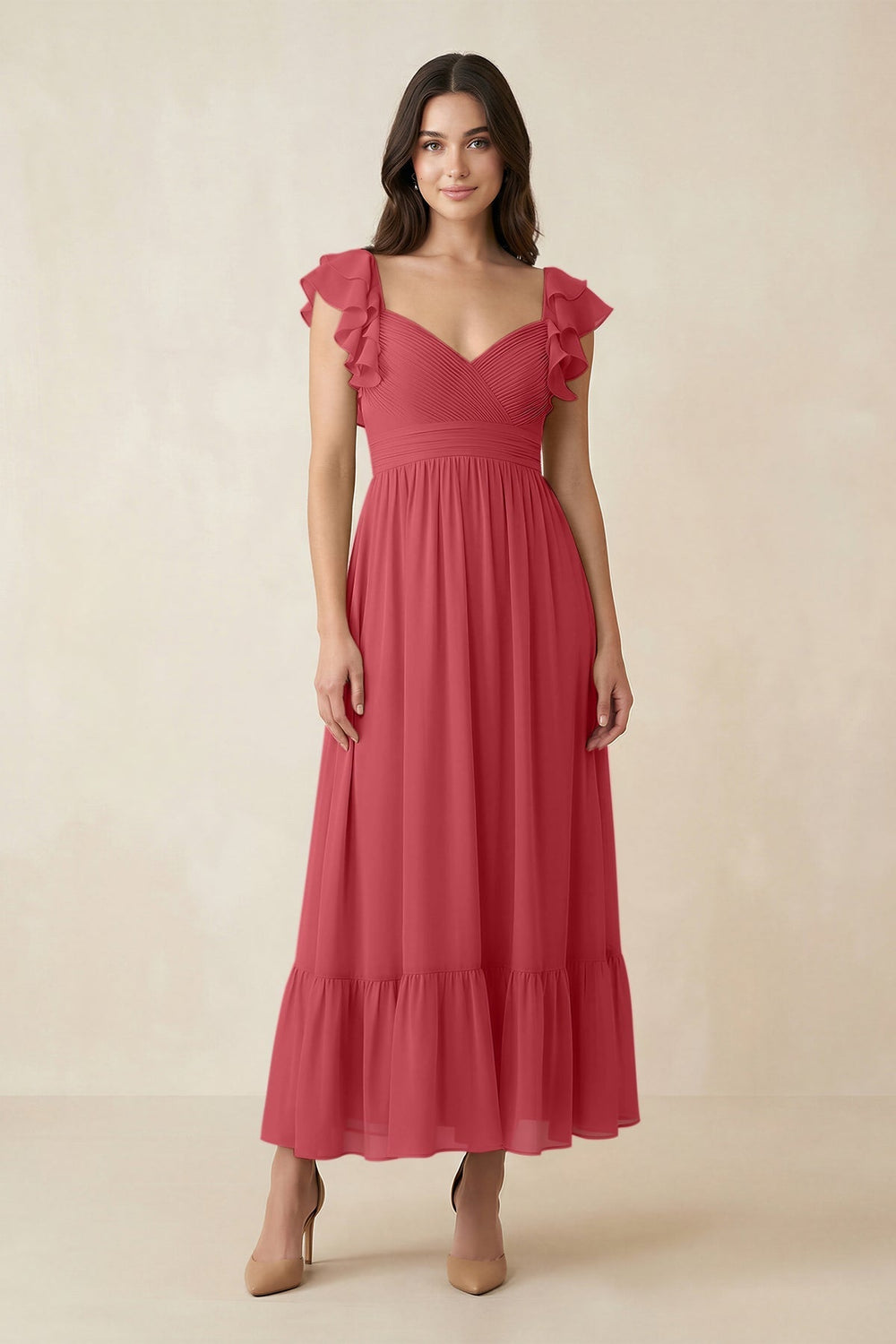 Flutter Sleeve Sweetheart A - Line Chiffon Bridesmaid Dress in Merlot - KISS BRIDAL Bridesmaid Dresses