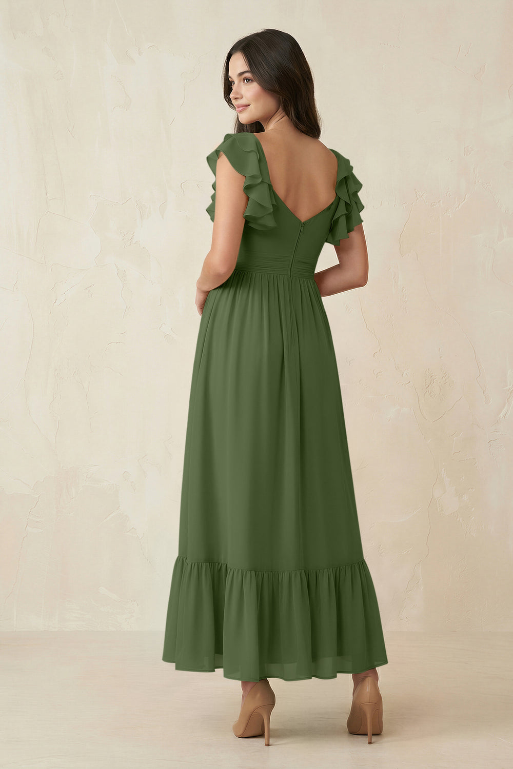 Flutter Sleeve Sweetheart A-Line Chiffon Bridesmaid Dress in Moss
