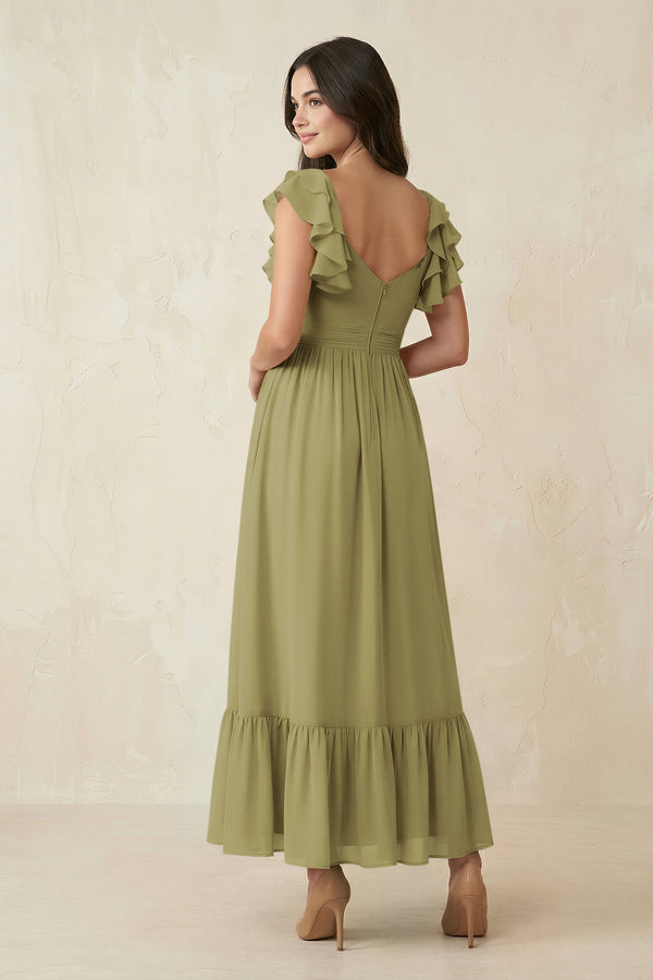 Flutter Sleeve Sweetheart A-Line Chiffon Bridesmaid Dress in Moss Green (2) | KISSBRIDAL