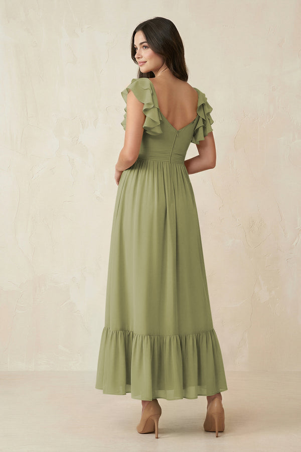 Flutter Sleeve Sweetheart A - Line Chiffon Bridesmaid Dress in Moss Green - SHE IS ME Bridesmaid Dresses