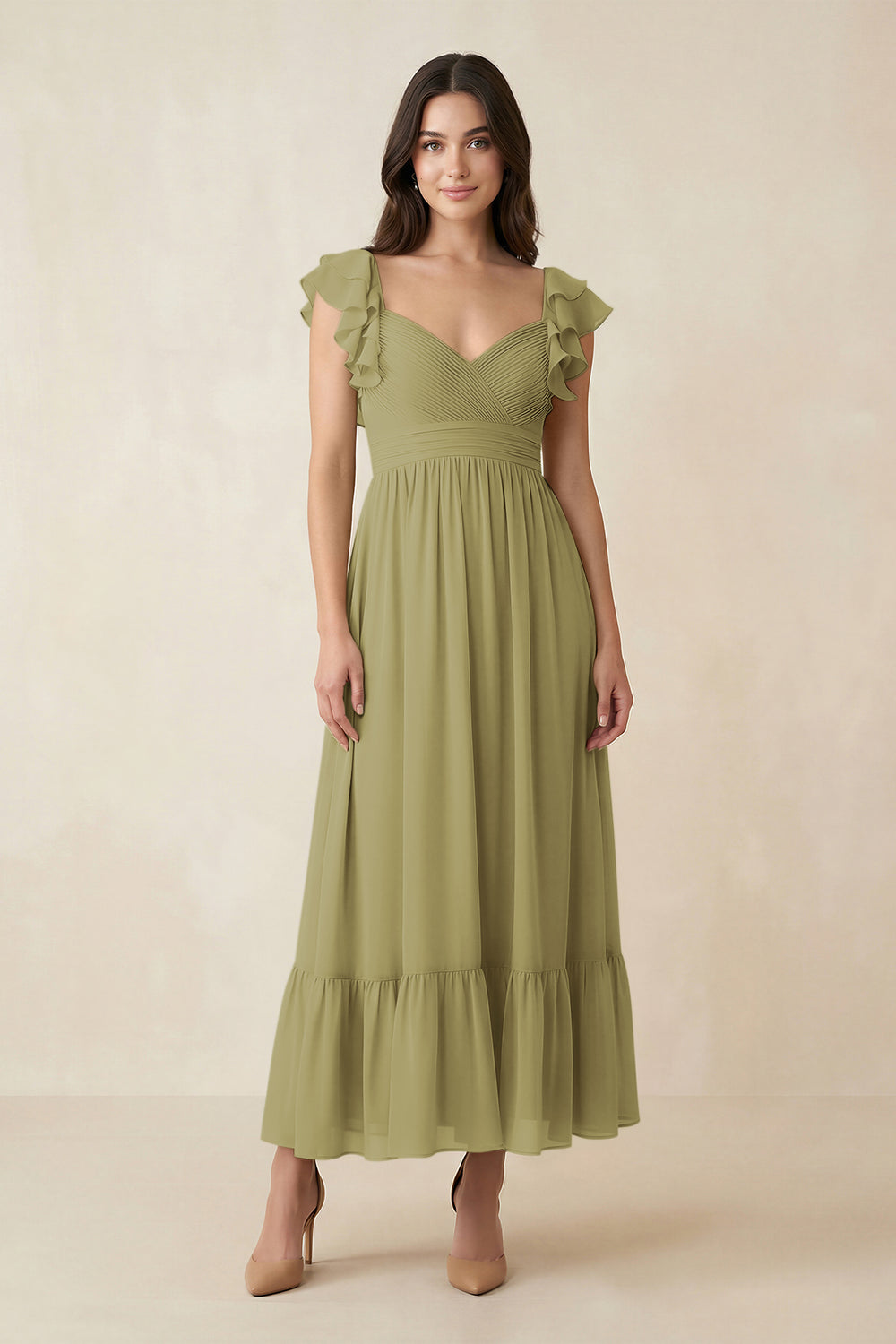 Flutter Sleeve Sweetheart A-Line Chiffon Bridesmaid Dress in Moss Green