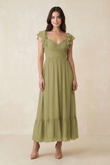 Flutter Sleeve Sweetheart A-Line Chiffon Bridesmaid Dress in Moss Green | KISSBRIDAL
