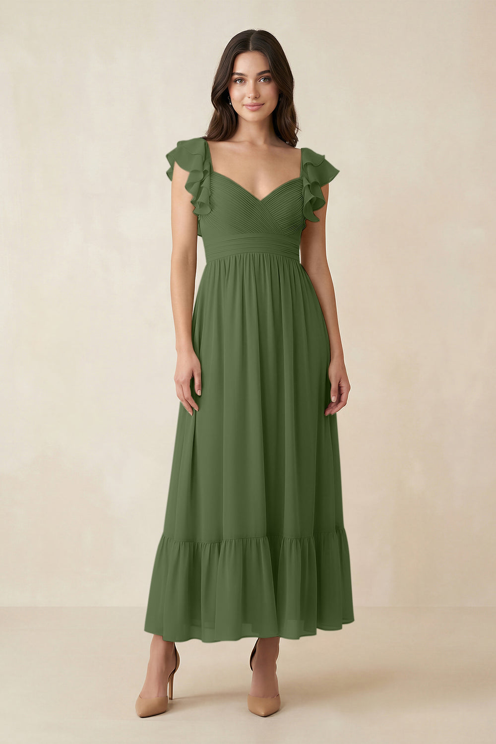 Flutter Sleeve Sweetheart A-Line Chiffon Bridesmaid Dress in Moss