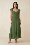 Flutter Sleeve Sweetheart A-Line Chiffon Bridesmaid Dress in Moss | KISSBRIDAL