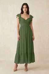 Flutter Sleeve Sweetheart A-Line Chiffon Bridesmaid Dress in Moss | KISSBRIDAL