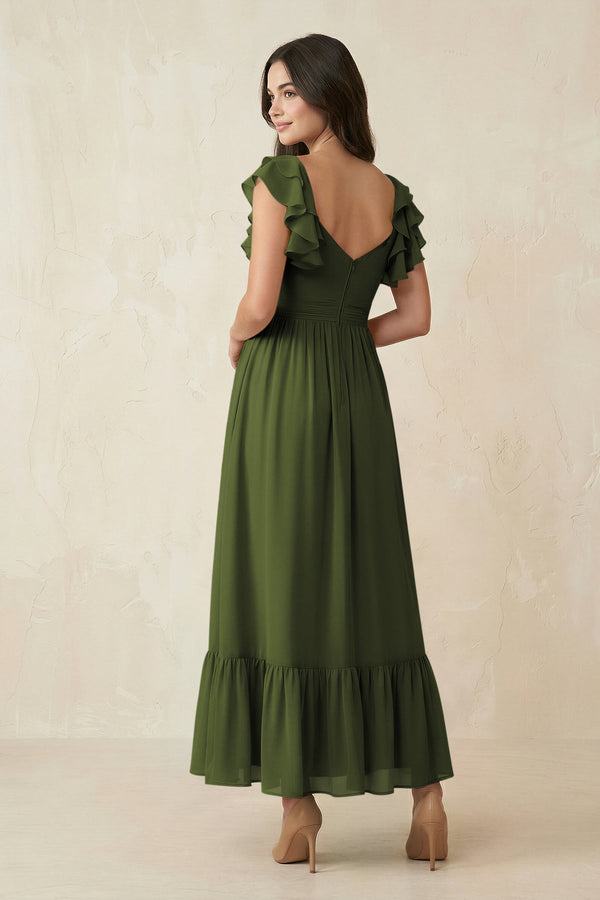 Flutter Sleeve Sweetheart A - Line Chiffon Bridesmaid Dress in Olive - SHE IS ME Bridesmaid Dresses