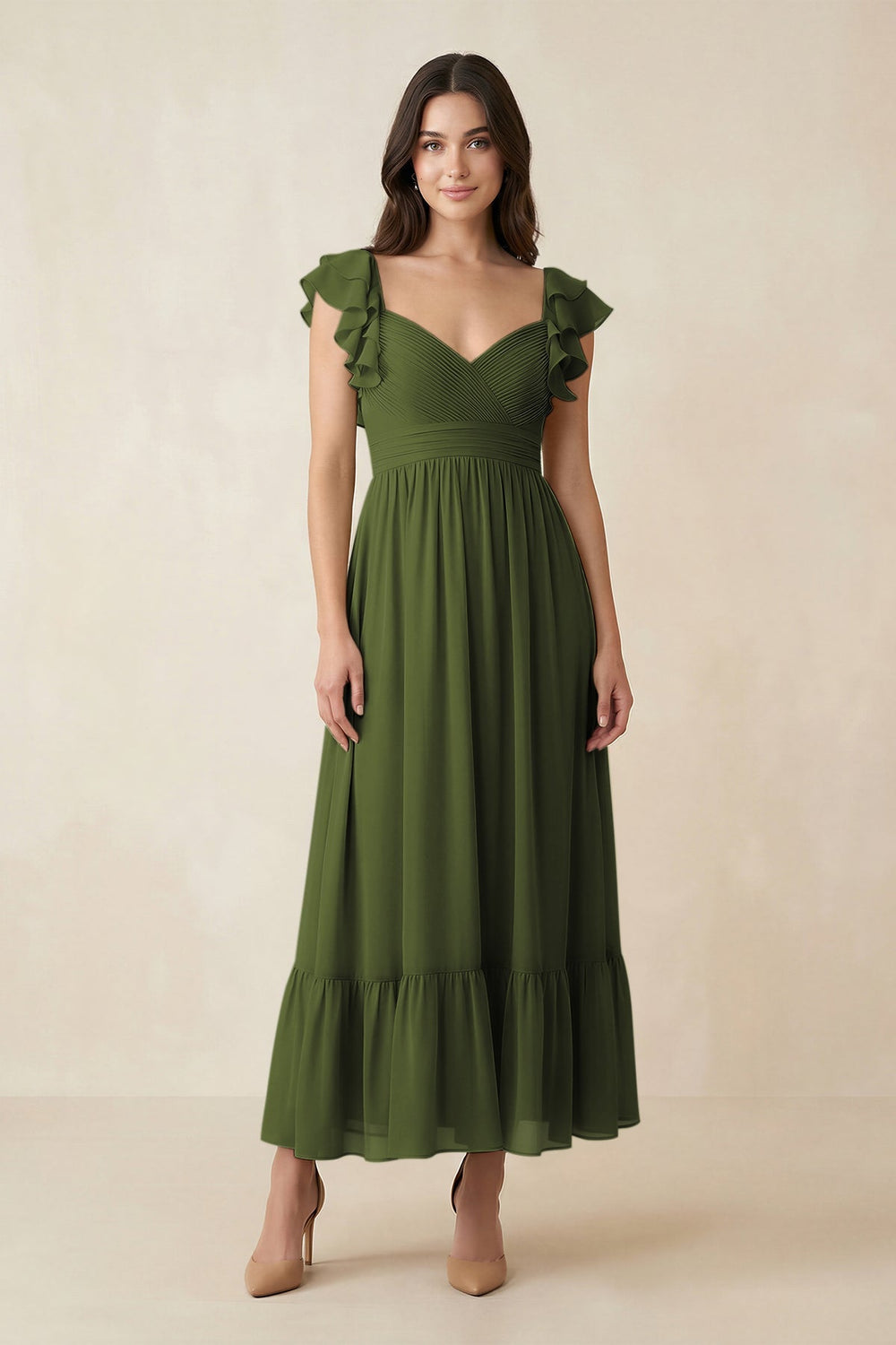 Flutter Sleeve Sweetheart A - Line Chiffon Bridesmaid Dress in Olive - KISS BRIDAL Bridesmaid Dresses
