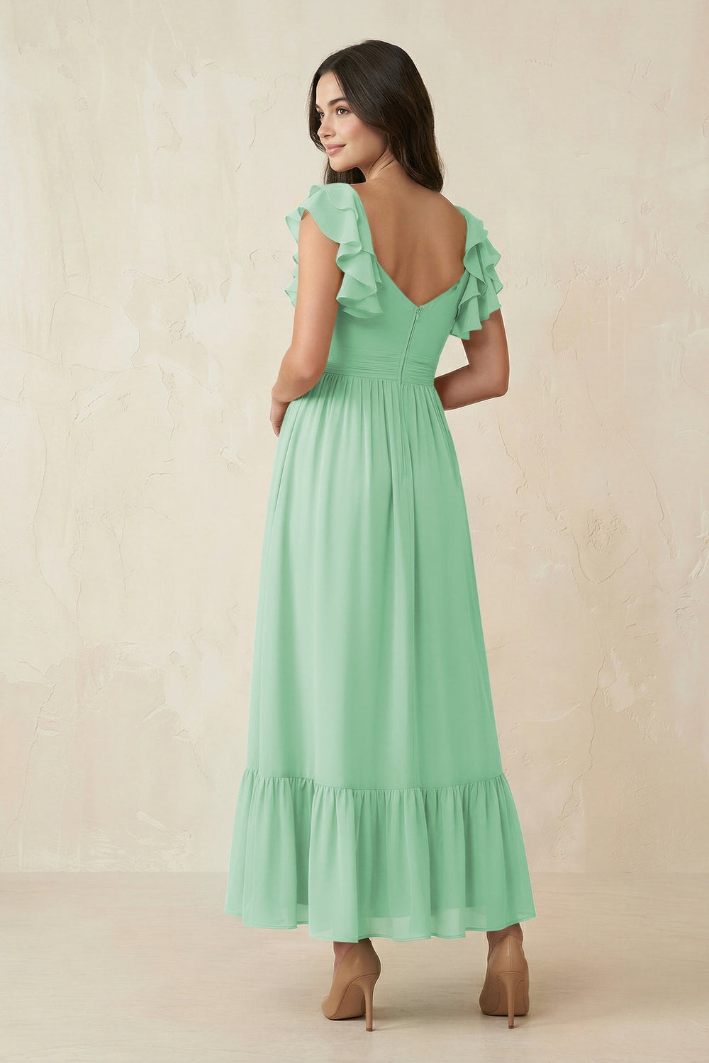 Flutter Sleeve Sweetheart A - Line Chiffon Bridesmaid Dress in Pale Pistachio - KISS BRIDAL Bridesmaid Dresses