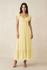 Flutter Sleeve Sweetheart A - Line Chiffon Bridesmaid Dress in Pastel Yellow - KISS BRIDAL Bridesmaid Dresses