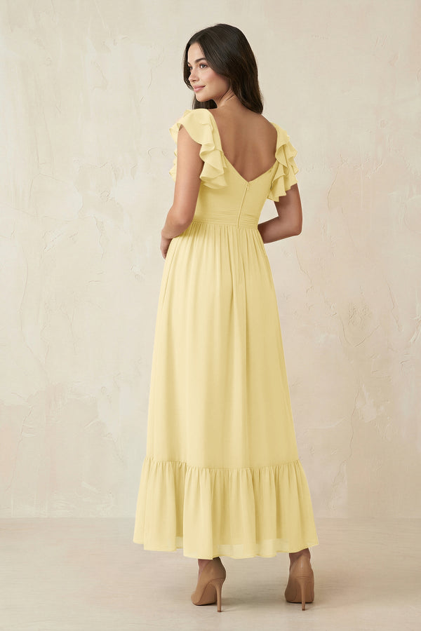 Flutter Sleeve Sweetheart A - Line Chiffon Bridesmaid Dress in Pastel Yellow - SHE IS ME Bridesmaid Dresses