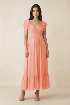 Flutter Sleeve Sweetheart A - Line Chiffon Bridesmaid Dress in Rosette - SHE IS ME Bridesmaid Dresses