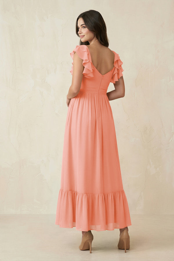 Flutter Sleeve Sweetheart A - Line Chiffon Bridesmaid Dress in Rosette - SHE IS ME Bridesmaid Dresses