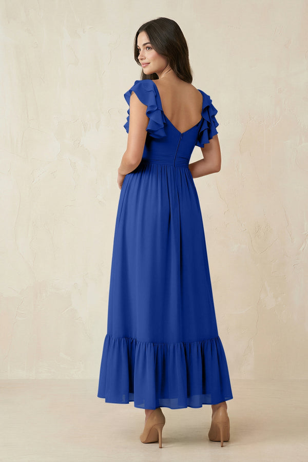 Flutter Sleeve Sweetheart A - Line Chiffon Bridesmaid Dress in Royal Blue - SHE IS ME Bridesmaid Dresses