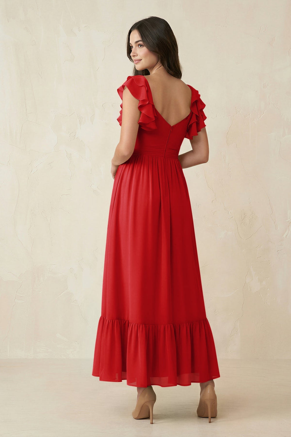 Flutter Sleeve Sweetheart A - Line Chiffon Bridesmaid Dress in Ruby Red - KISS BRIDAL Bridesmaid Dresses