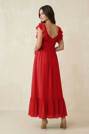 Flutter Sleeve Sweetheart A - Line Chiffon Bridesmaid Dress in Ruby Red - SHE IS ME Bridesmaid Dresses