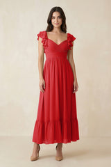 Flutter Sleeve Sweetheart A - Line Chiffon Bridesmaid Dress in Ruby Red - KISS BRIDAL Bridesmaid Dresses