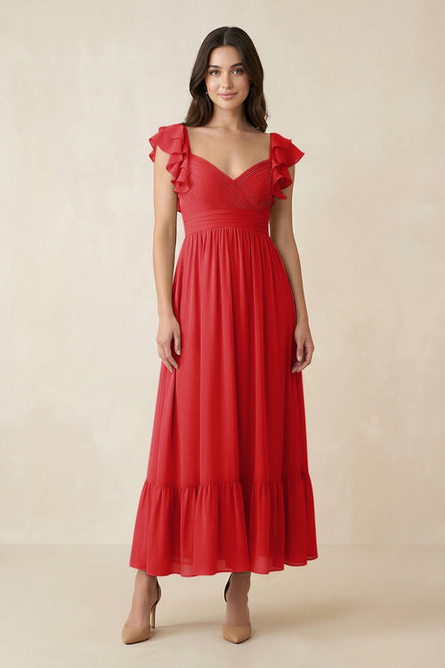 Flutter Sleeve Sweetheart A - Line Chiffon Bridesmaid Dress in Ruby Red - SHE IS ME Bridesmaid Dresses