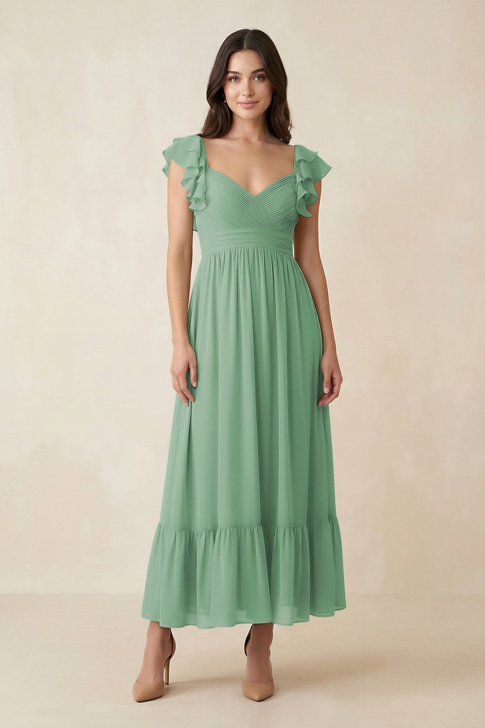 Flutter Sleeve Sweetheart A - Line Chiffon Bridesmaid Dress in Sea Glass - KISS BRIDAL Bridesmaid Dresses
