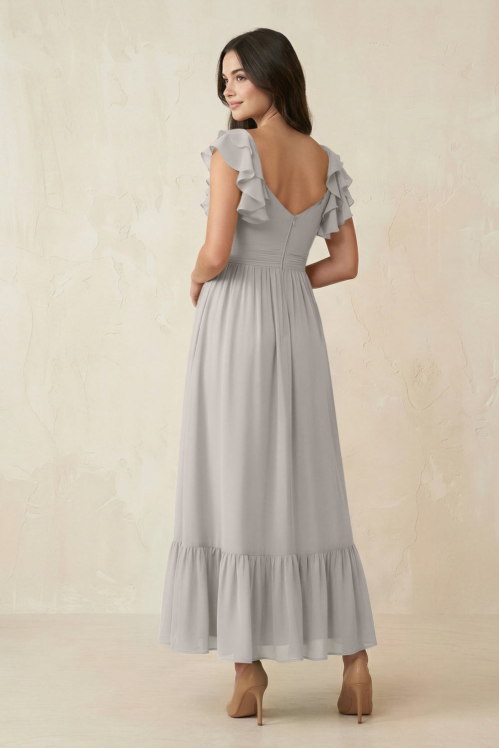 Flutter Sleeve Sweetheart A - Line Chiffon Bridesmaid Dress in Silver - KISS BRIDAL Bridesmaid Dresses