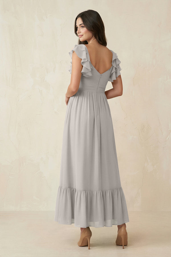 Flutter Sleeve Sweetheart A - Line Chiffon Bridesmaid Dress in Silver - SHE IS ME Bridesmaid Dresses