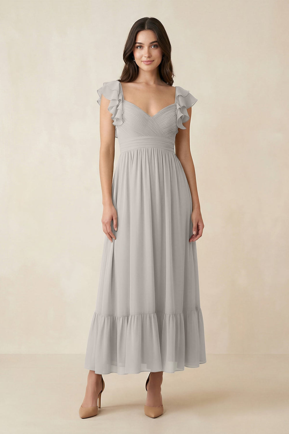 Flutter Sleeve Sweetheart A - Line Chiffon Bridesmaid Dress in Silver - KISS BRIDAL Bridesmaid Dresses