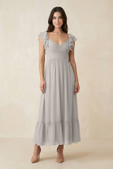 Flutter Sleeve Sweetheart A - Line Chiffon Bridesmaid Dress in Silver - KISS BRIDAL Bridesmaid Dresses