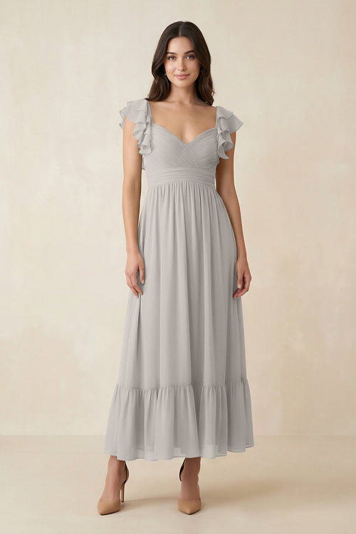 Flutter Sleeve Sweetheart A - Line Chiffon Bridesmaid Dress in Silver - SHE IS ME Bridesmaid Dresses