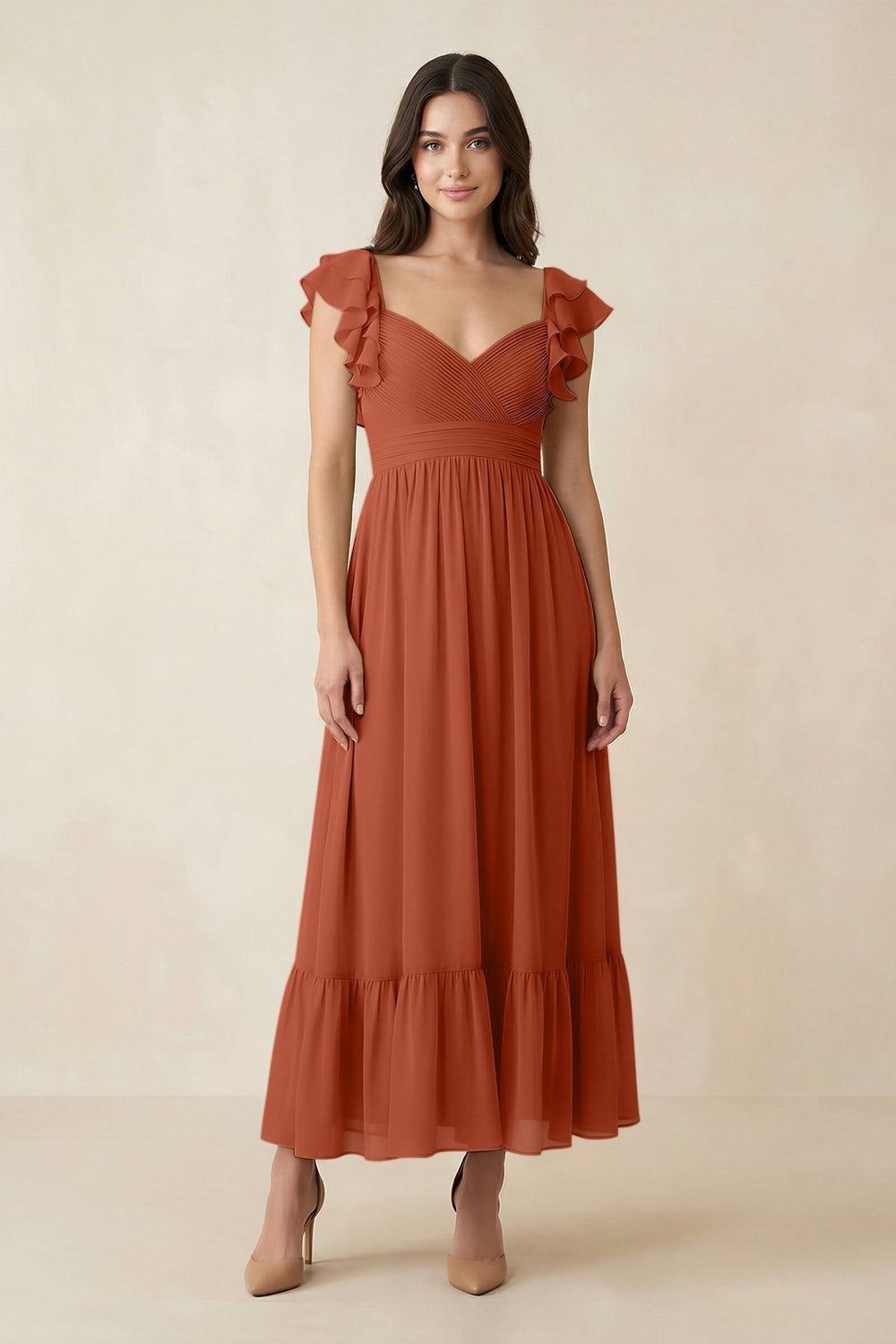 Flutter Sleeve Sweetheart A - Line Chiffon Bridesmaid Dress in Spice - KISS BRIDAL Bridesmaid Dresses