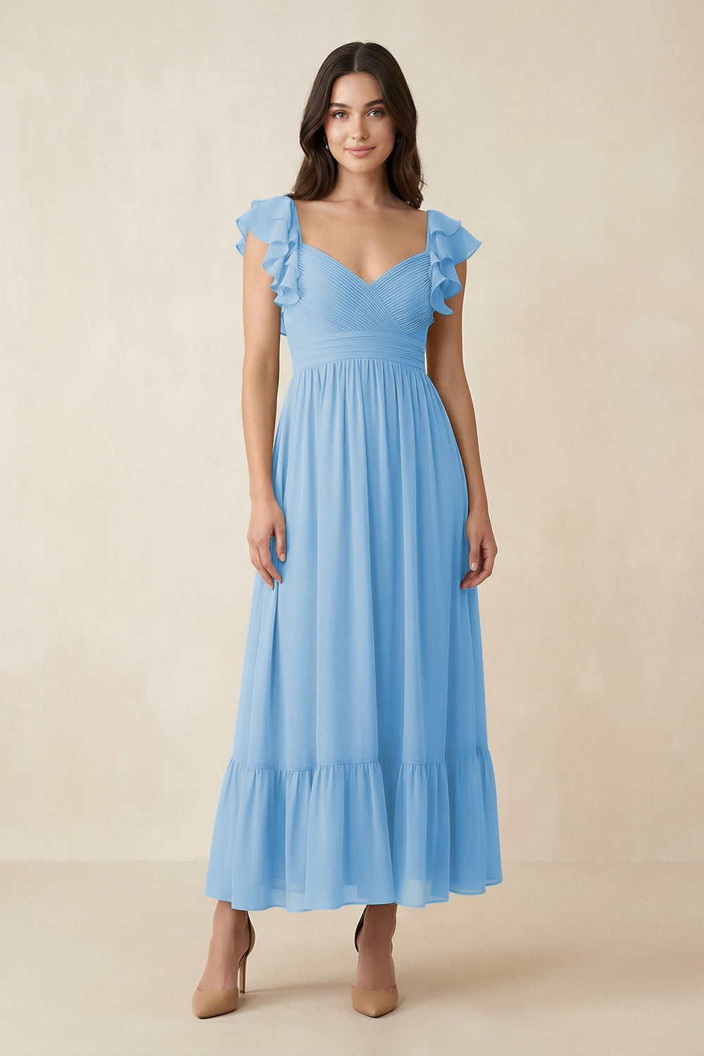Flutter Sleeve Sweetheart A - Line Chiffon Bridesmaid Dress in Steel Blue - KISS BRIDAL Bridesmaid Dresses