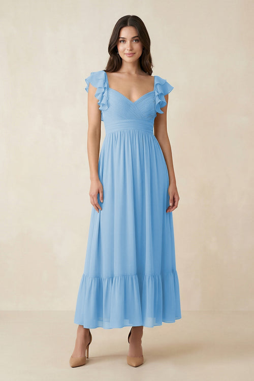 Flutter Sleeve Sweetheart A - Line Chiffon Bridesmaid Dress in Steel Blue - SHE IS ME Bridesmaid Dresses