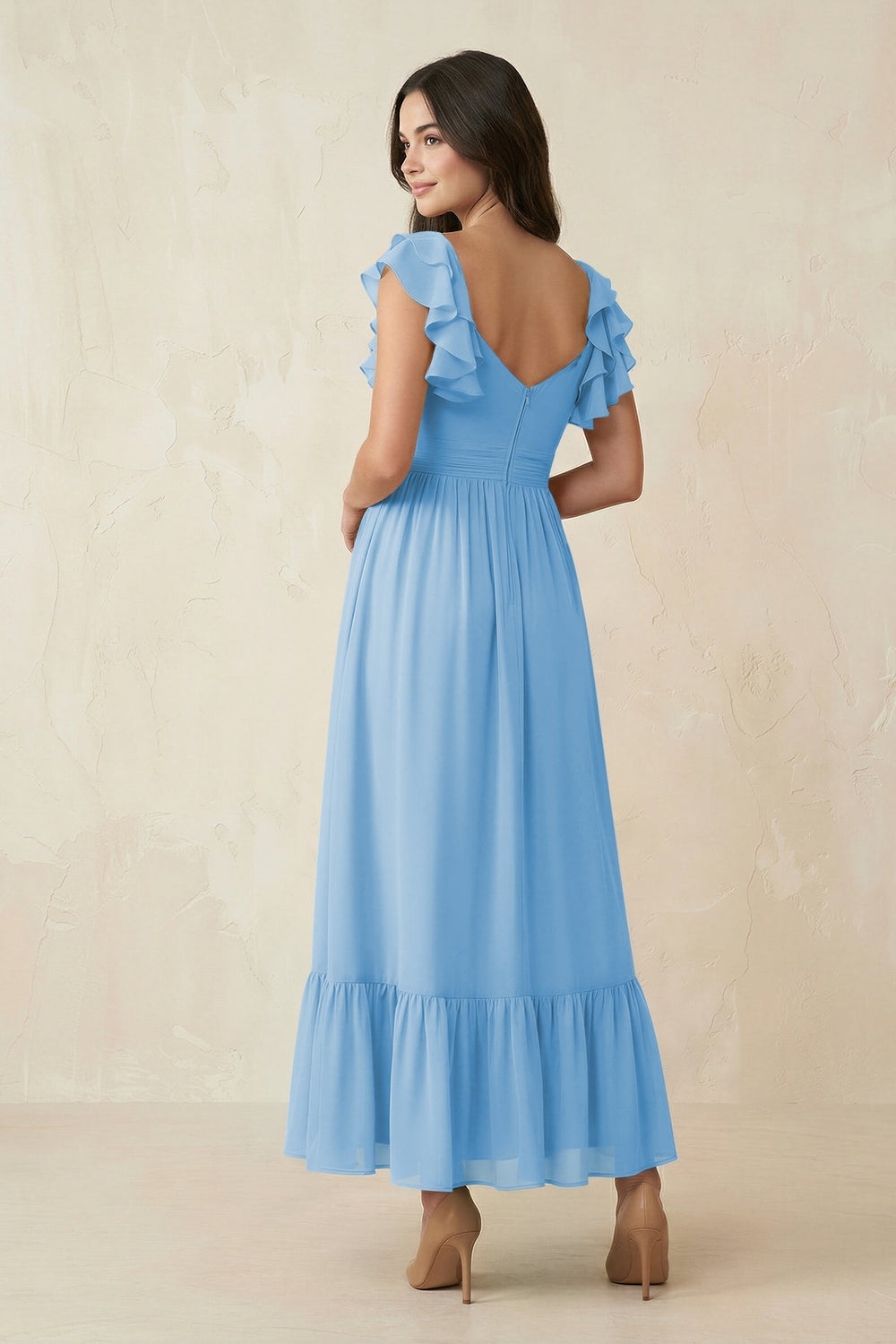 Flutter Sleeve Sweetheart A - Line Chiffon Bridesmaid Dress in Steel Blue - KISS BRIDAL Bridesmaid Dresses