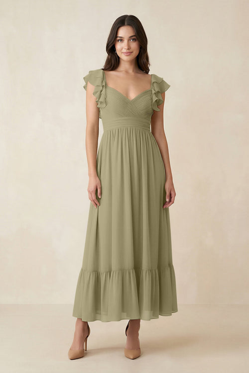 Flutter Sleeve Sweetheart A - Line Chiffon Bridesmaid Dress in Thyme - SHE IS ME Bridesmaid Dresses