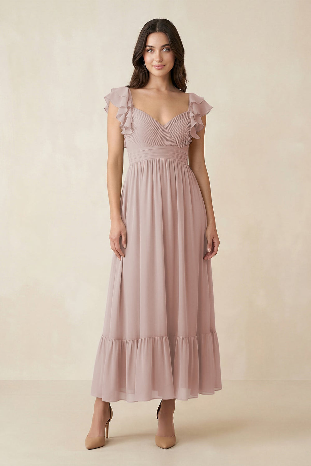 Flutter Sleeve Sweetheart A - Line Chiffon Bridesmaid Dress in Toffee - KISS BRIDAL Bridesmaid Dresses