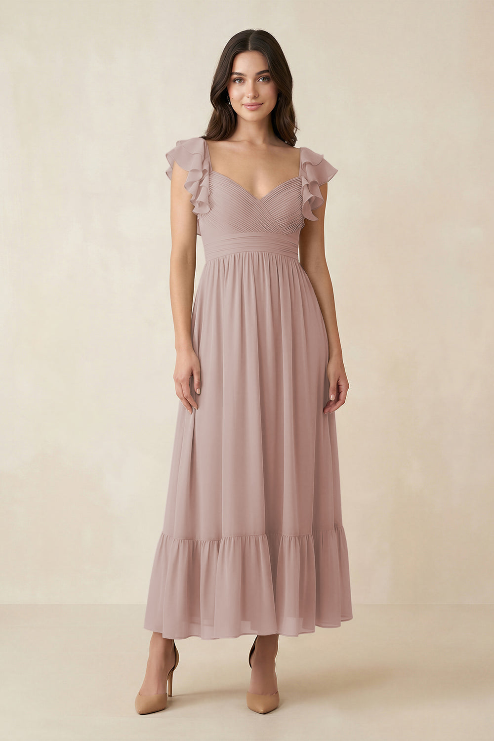 Flutter Sleeve Sweetheart A-Line Chiffon Bridesmaid Dress in Toffee