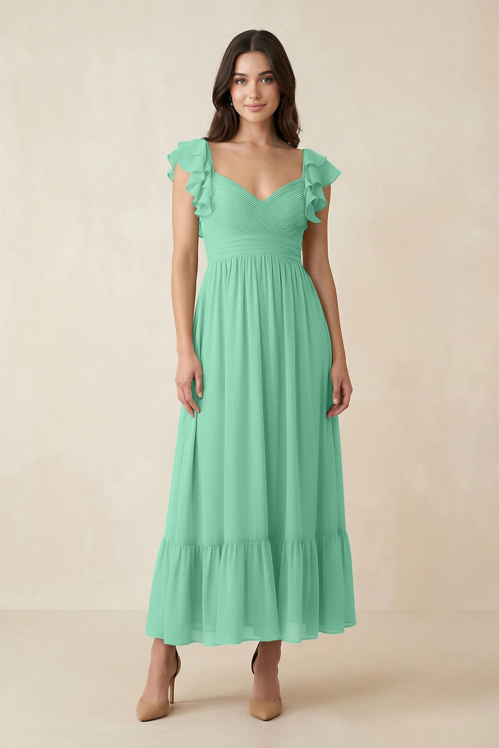Flutter Sleeve Sweetheart A - Line Chiffon Bridesmaid Dress in Turquoise - KISS BRIDAL Bridesmaid Dresses