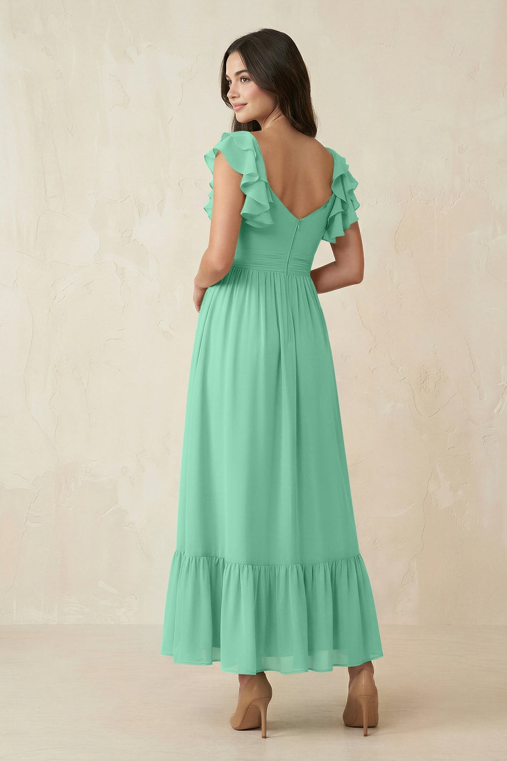 Flutter Sleeve Sweetheart A - Line Chiffon Bridesmaid Dress in Turquoise - KISS BRIDAL Bridesmaid Dresses