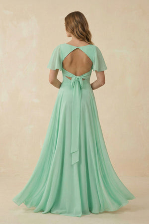 Flutter Sleeve V - Neck A - Line Chiffon Bridesmaid Dress - SHE IS ME Bridesmaid Dresses