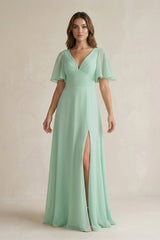 Flutter Sleeve V - Neck A - Line Chiffon Bridesmaid Dress - KISS BRIDAL Bridesmaid Dresses