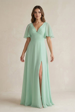 Flutter Sleeve V - Neck A - Line Chiffon Bridesmaid Dress - SHE IS ME Bridesmaid Dresses