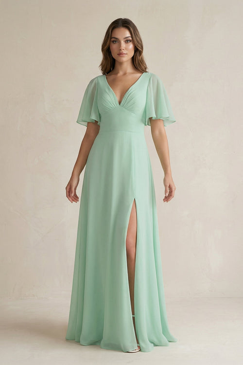 Flutter Sleeve V - Neck A - Line Chiffon Bridesmaid Dress - SHE IS ME Bridesmaid Dresses